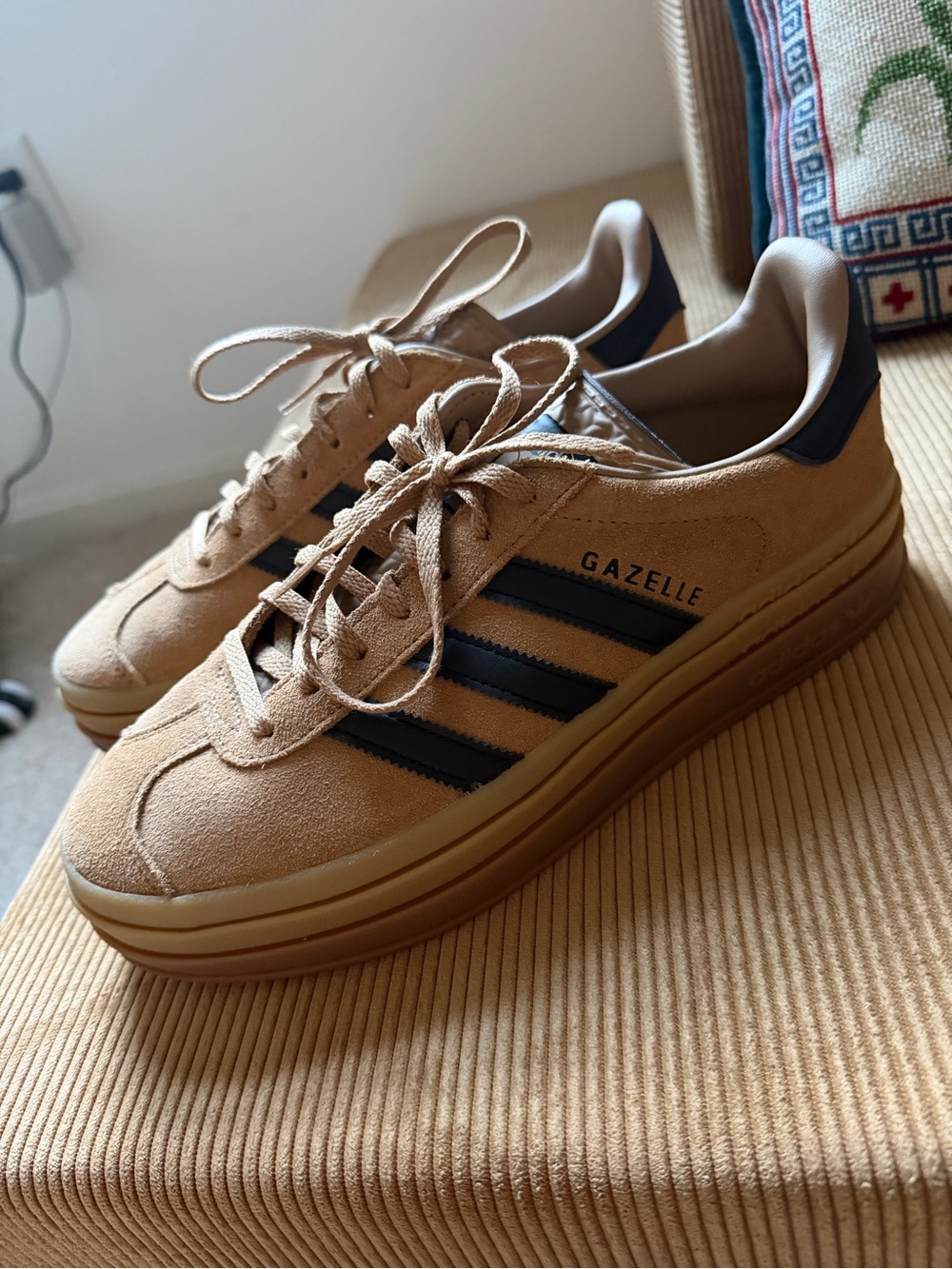 adidas Gazelle Platform Sneakers in Tan with Black Stripes